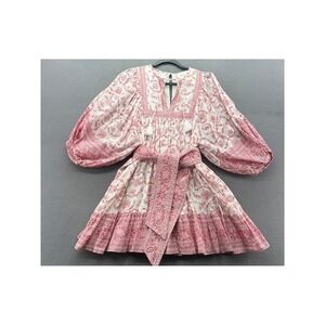 Cleobella Dress Red White Floral Woodblock Mini Balloon Sleeve Tassel Belted M